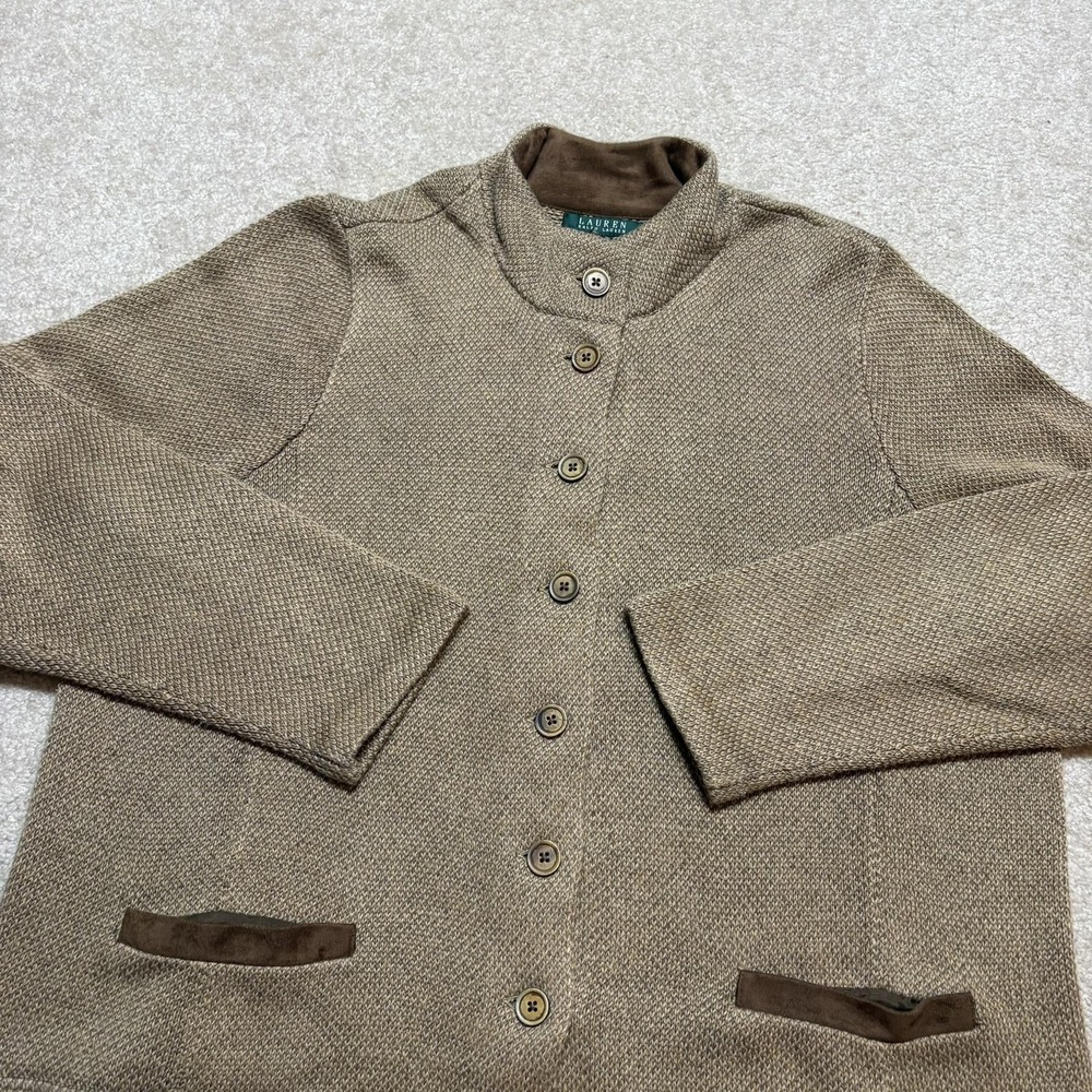 Lauren Ralph Lauren Cardigan Sweater Womens 2X Brown Mock Neck Button Pockets - Picture 3 of 9